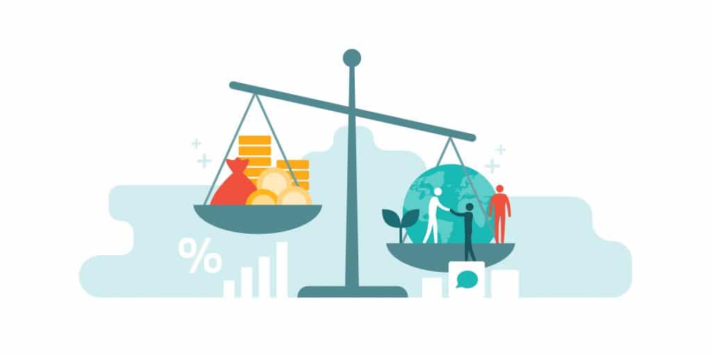 Scale with wealth and cash money on a plate and people, world, environment on the other; balancing business profits and human rights