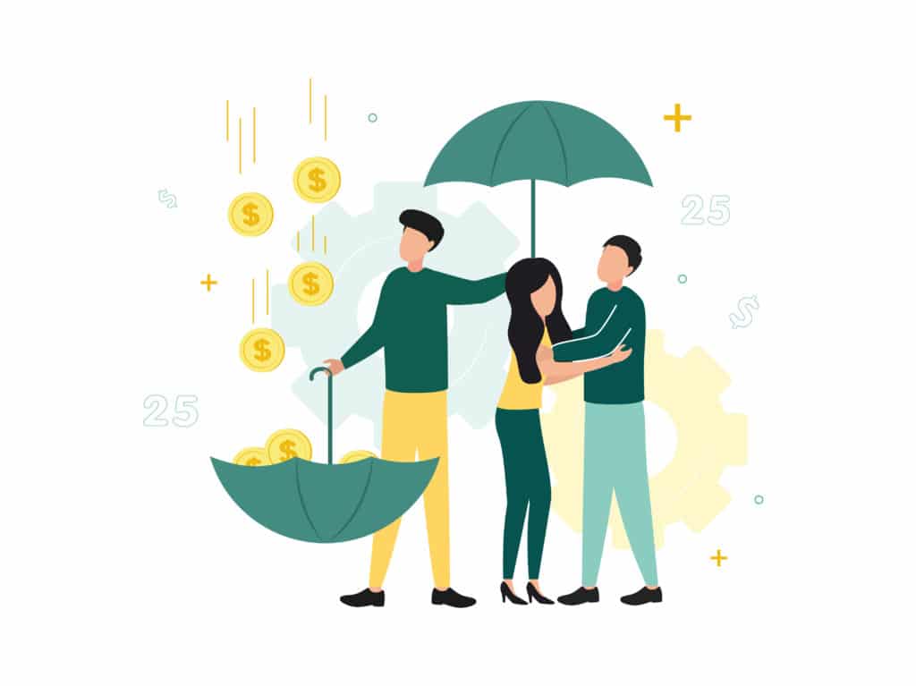 Illustration of a couple under an umbrella while another person catches coins in an upside down umbrella