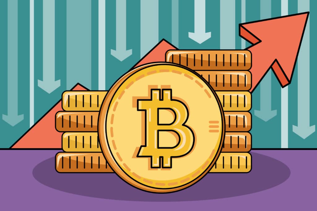 Cartoon showing bit coin and a stack of coins behind