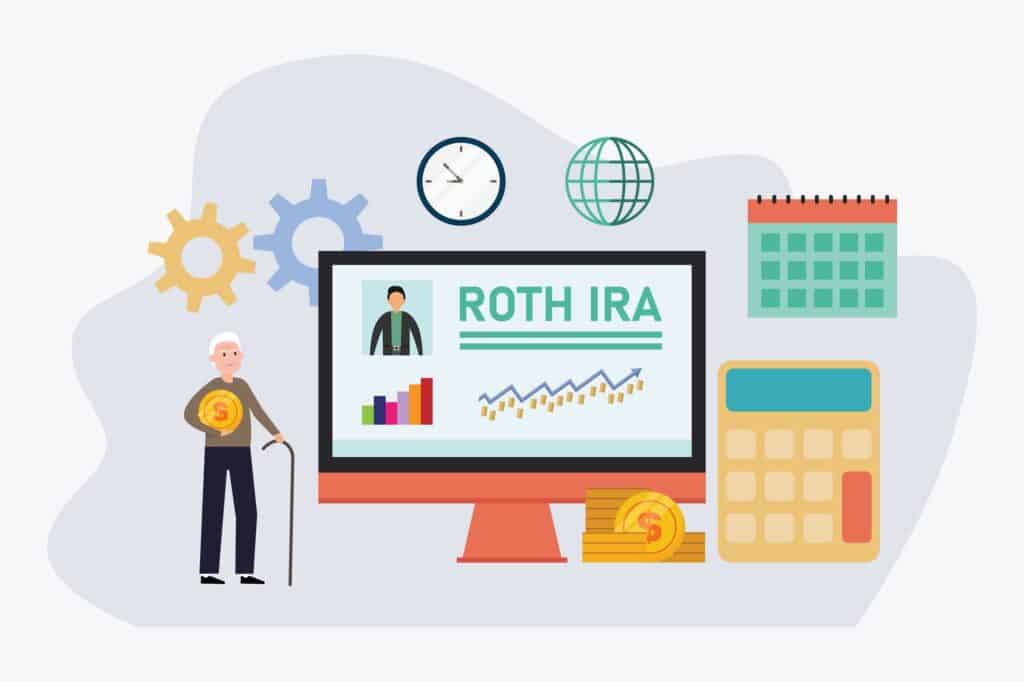 Cartoon of an older man holding a coin next to an oversized computer screen saying Roth IRA.
