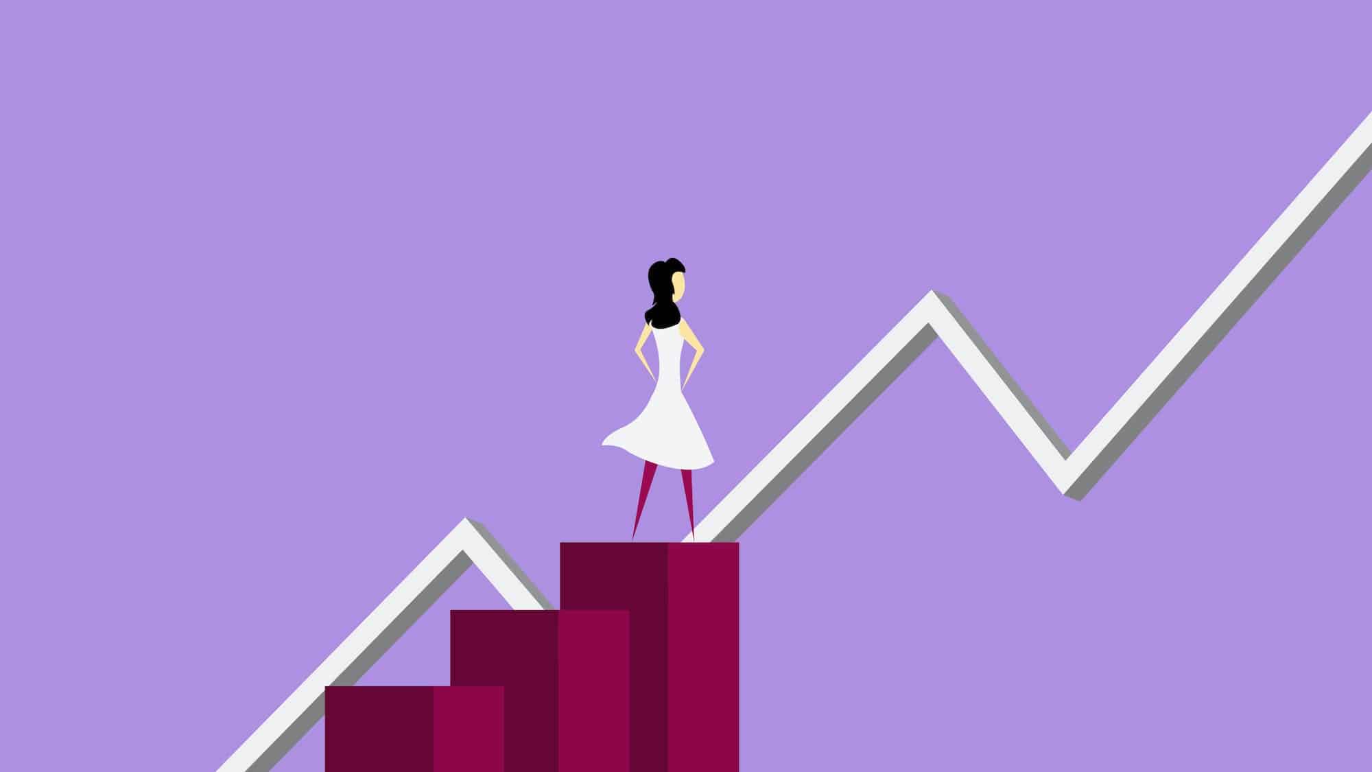 A drawing where a woman stands on a series of blocks looking at a chart